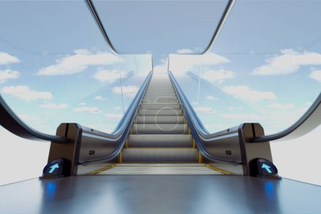 Photo for Modern escalator made of glass and steel. Blue sky with white clouds in the background. A piece of urban architecture in the outdoor surrounding. Moving stairs. Stairway. - Royalty Free Image
