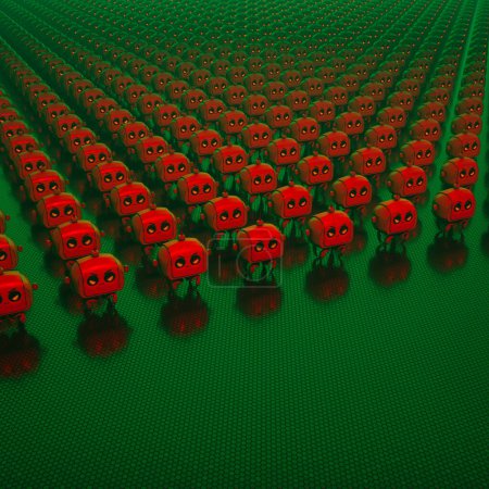 Representación en 3D de un ejército de pequeños robots lindos con ojos rojos enojados y rostros en un entorno verde con iluminación roja. Los robots están claramente molestos y listos para atacar..