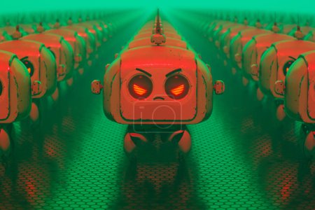 3D-Rendering einer Armee niedlicher kleiner Roboter mit wütenden roten Augen und Gesichtern in einer grünen Umgebung mit rotem Licht. Die Roboter sind eindeutig aufgebracht und bereit zum Angriff.