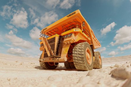 Photo for Yellow dump truck driving through the quarry. Giant, industrial machinery transporting a heavy load. Dry, dusty air and clear sunny weather in the dig site. - Royalty Free Image