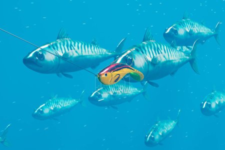 Gelbe Metallfische beißen ins blaue Wasser. Rode mit hervorragenden Ködern beim Angeln. Im Hintergrund schwimmen Fische. Hobby-Zeit. Hochseeangeln. Buntes Gerät, um einen Fisch zu fangen. Wackelkandidat.