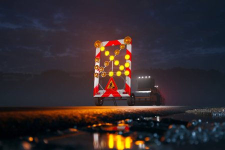 Téléchargez les photos : Rendu 3D d'un panneau de travaux routiers avec flèche et feux clignotants, avec un rouleau de route en arrière-plan. Prise de nuit, cette image montre les travaux en cours. - en image libre de droit