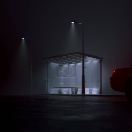 A deserted bus stop at night, shrouded in mist with the glow of streetlights illuminating the scene. A car drives off into the distance, leaving the eerie atmosphere behind.