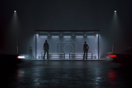 Two people are standing at a bus stop at night. Man and a woman waiting for transportation. The light from glass shelter sheens dimly in the dark mysterious street. Cars passing.