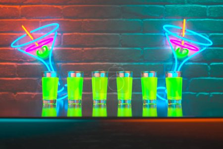 Photo for Green shots on the bar. Colorful alcoholic drinks on the table in a nightclub. Party time. Celebrating. Bright and shiny neons in the background. Night light in the cocktail club. - Royalty Free Image