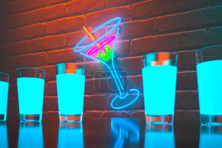 Photo for Blue shots on the bar. Colorful alcoholic drinks on the table in a nightclub. Party time. Celebrating. Bright and shiny neons in the background. Night light in the cocktail club. - Royalty Free Image