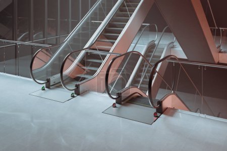 Photo for Modern escalators made of glass and steel. Stairway. A piece of urban architecture in business building, station, mall, or shopping centre. Passage. Way of transportation - Royalty Free Image
