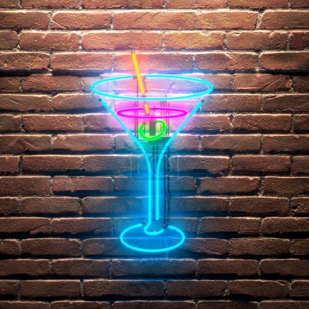 Photo for Neon in the shape of a drink. Bright and shiny nightclub, pub or bar decoration. Symbol of nightlife. Blue and pink sign on the brick wall. Night light in the cocktail club. Party time. - Royalty Free Image