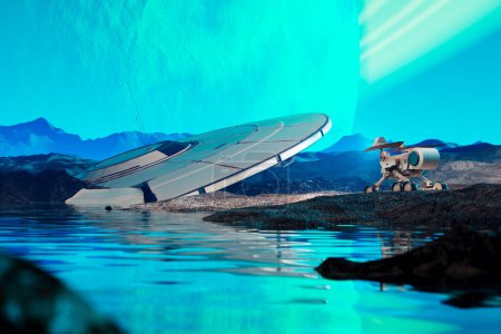 Foto de El rover planetario encuentra naves espaciales alienígenas mientras explora el planeta. El robot de energía solar descubierto salpicado por la nave espacial. Vehículo de prueba durante las investigaciones. Hermoso paisaje en la noche - Imagen libre de derechos