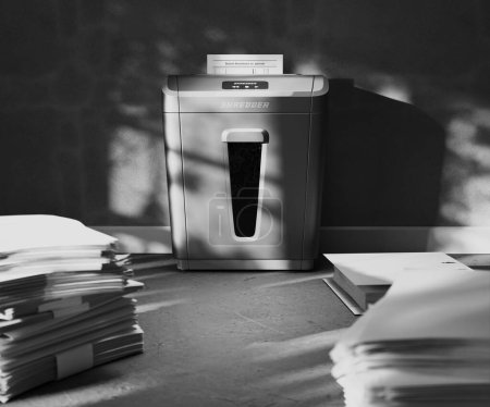Foto de Representación 3D de una máquina trituradora en una habitación bien iluminada con pilas de papel y documentos. Las sombras de los árboles añaden un toque natural a la escena. Oficina. - Imagen libre de derechos