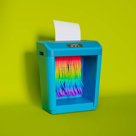 Photo for Colorful 3D rendering of a paper shredder destroying white paper, resulting in long rainbow ribbons. This dynamic image showcases the shredder's ability to securely dispose of confidential information - Royalty Free Image