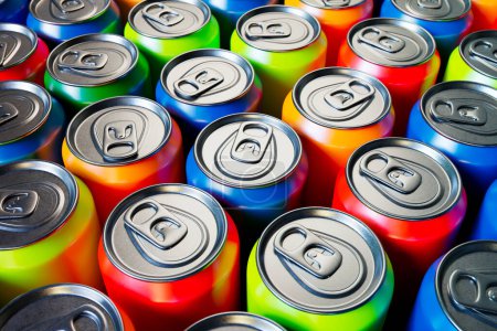 Photo for A set of many different drinks in aluminum cans perfect for fast-food restaurants, grocery stores, and bars. These cans provide an endless amount of beverage options. - Royalty Free Image