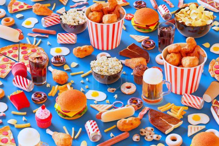 Photo for A top view table filled with an assortment of fast food including pizza, burgers, fries, crisps, hotdogs, fried chicken, steaks, beer, soda, doughnuts, and cakes. - Royalty Free Image