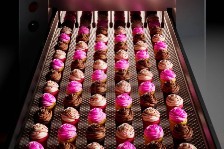 Téléchargez les photos : Ligne de production automatisée de cupakes avec glaçage dans une usine. Différentes couleurs et saveurs de muffins sur un tapis roulant sont disposées et prêtes à être emballées. - en image libre de droit