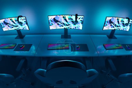 Photo for A set of modern gaming PC stations standing in a row, prepared for the players to participate in an E-sport tournament. Each station features a high-performance computer - Royalty Free Image