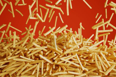 Photo for Picture of just fried french fries on the red background. Falling down and forming the pile. Preparation of fries in the kitchen or restaurant or fast food bar. Potato chips. Tasty. Junk food. - Royalty Free Image