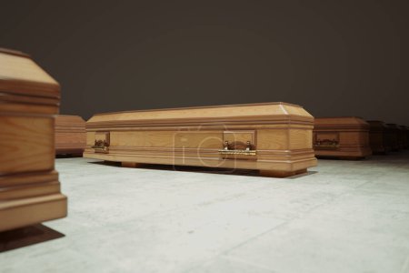 Salle de stockage remplie d'un grand nombre de cercueils en bois massif avec des poignées décoratives dorées. Un cercueil est en gros plan, prêt pour un enterrement. Industrie, affaires. Différents types et tailles de caisses.