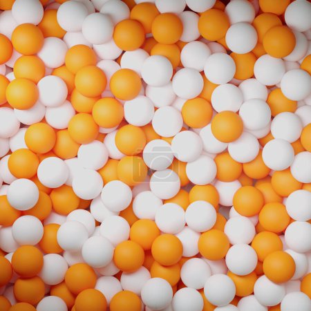 Foto de Un sinnúmero de pelotas de ping pong. Un montón de muchas bolas blancas y naranjas profesionales. Accesorios de tenis de mesa. Las bolas están dispuestas en un patrón aleatorio, creando una imagen llamativa y dinámica. - Imagen libre de derechos
