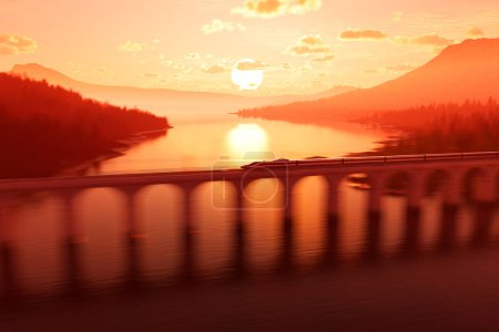 Photo for Modern bullet train speeding across a beautiful brick bridge against a picturesque sunset. The train's sleek design and advanced technology make for a fast and efficient mode of transportation. - Royalty Free Image