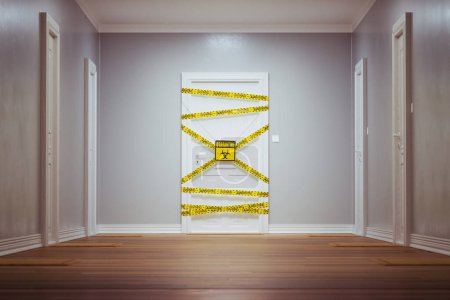 Photo for Concept of quarantine while epidemic outbreak. The camera focuses on the white door with a yellow warning sign and protected by tape. A restricted area at the end of a  lobby in an apartment building. - Royalty Free Image