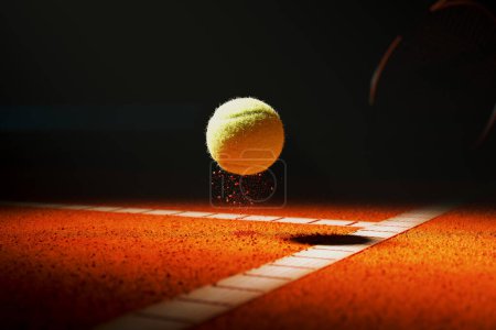 A tennis ball bounces on the orange court. Picture of a spotlighted ball hitting the ground next to the sideline. A bumping ball causes falling small pebbles. A crucial moment of the match.