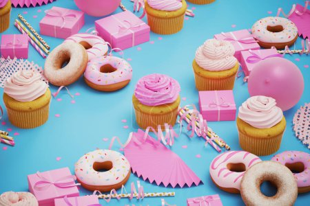 Photo for Picture of the colorful birthday party table. Reception decorations, sweets and gifts on a blue background. Balloons, cupcakes, pastel glazed donuts, confetti and streamers. Happy. Present boxes. - Royalty Free Image