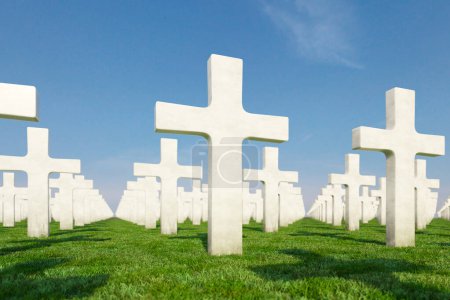 Photo for White marble tombstone. Cross. A view of the Christian graveyard. Side view. Funeral. Shadows. Rest in peace. In the memory. Unknown soldier. Unrecognized. War victim. Normandy. Omaha. Blue sky. - Royalty Free Image