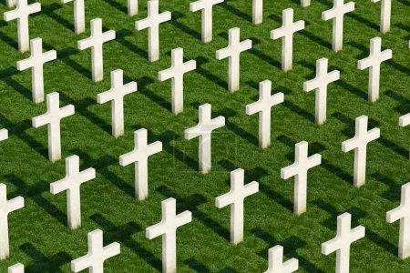 Photo for White marble tombstone. Cross. A view of the Christian graveyard. Side view. Funeral. Shadows. Rest in peace. In the memory. Unknown soldier. Unrecognized. War victim. Normandy. Omaha. Green grass - Royalty Free Image
