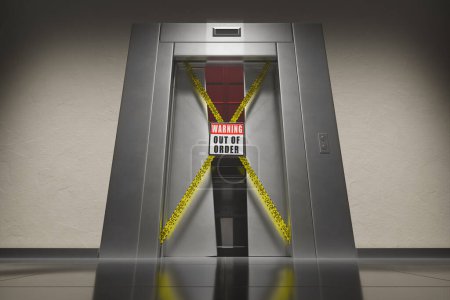 Téléchargez les photos : Panneau d'avertissement hors d'usage accroché devant un ascenseur cassé. Les portes en acier brossé ne se sont pas complètement fermées. Équipement en attente d'entretien. Risque de mort. Arbre d'ascenseur exposé. - en image libre de droit