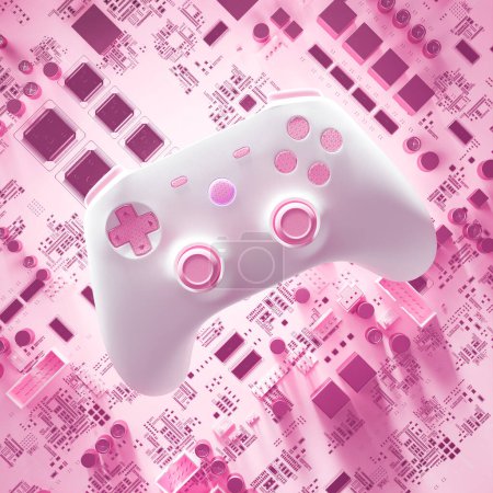 Photo for Brand new white gamepad controller on a pink feminine circuit board background. Joypad in focus, metallic transistors in a depth of field bokeh effect. Modern women player streamer. - Royalty Free Image