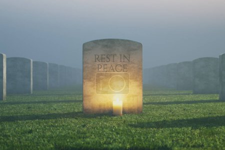 Photo for A tombstone stands tall among the green grass and other graves, illuminated by a single candle. The misty fog adds a touch of mystery. In the memory of. Rest in peace. Haunted necropolis. Nightmare - Royalty Free Image