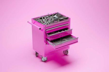 The workshop tools locker. Hammers, screwdrivers, wrenches, spanners, pincers, torx and hex keys in the pink metal cabinet. Studio shot. Equipment. Mechanical maintenance. Perfect toolbox. Isolated