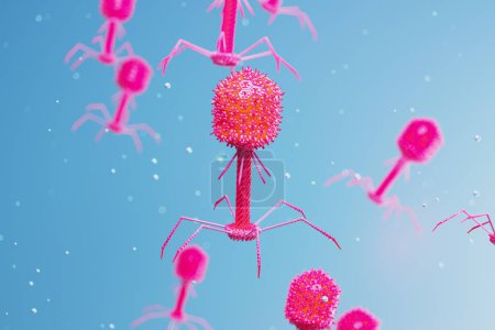 Jede Menge schwimmende Bakteriophagen. Virus wartet auf infizierende Bakterien. Leuchtend rote Phagen bewegen sich langsam vor blauem Hintergrund. Die Phagentherapie als Alternative zu Antibiotika. Medizin, Wissenschaft