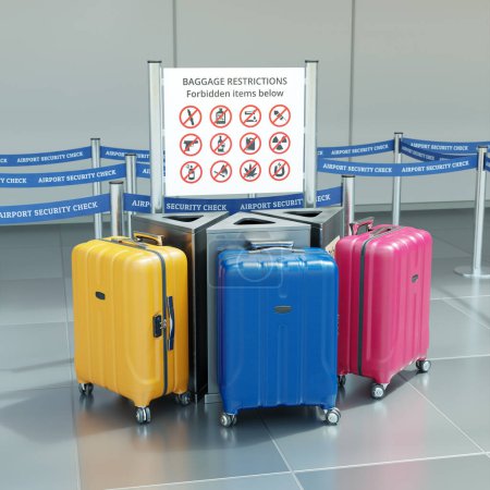 Airport security check. Items not allowed on board. Leave prohibited items. Forbidden objects. Dangerous, flammable, explosives. Terminal. Check-in. Detection. Pistol, gun, powder, drugs. Guard. Icons