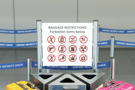 Une pancarte trouvée dans les aéroports qui avertit les passagers des articles qui sont interdits dans leurs bagages. Il comporte une liste d'articles et d'images pour aider les passagers à identifier ce qui n'est pas autorisé.