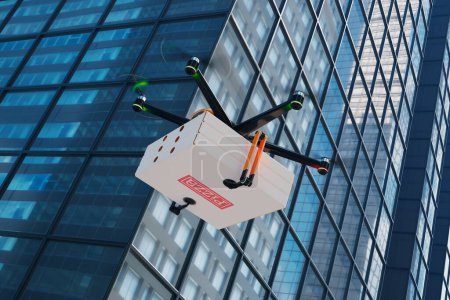 Photo for Hexacopter drone delivering ordered pizza directly to the door.  Fully automatic unmanned system. Technology of the future. Efficient, exciting, and innovative take on the concept of food delivery. - Royalty Free Image