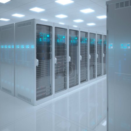 Photo for Countless modern server cabinets in a render farm. Bright, clean, sci-fi, futuristic room with a glossy floor. State of the art technology. Communication hub. Side angle camera view. - Royalty Free Image