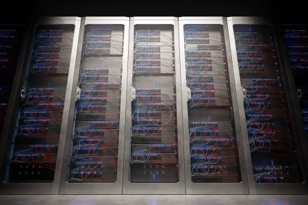 Photo for A row of vintage server cabinets in a dark, shady render farm. Dusty servers with colourful cables hanging in a mess behind a metal net. Side angle camera view. Old technology. - Royalty Free Image