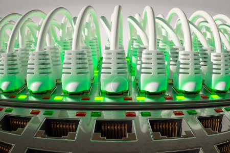 Foto de Innumerables cables de Ethernet blanco brillante en un router moderno. Las luces verdes iluminan los enchufes. Conexiones de red centro de servicio. Cables CAT5 organizados en fila. Cámara de cerca. - Imagen libre de derechos