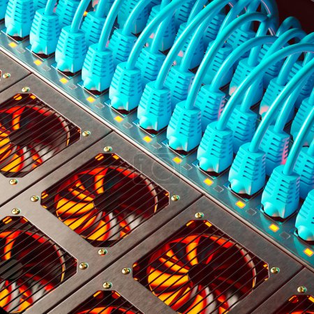 Foto de Innumerables cables azules en un moderno gabinete de servidores en una granja de renderizado oscura iluminada por un solo foco. Cables etéreos coloridos organizados. Fans ordenador de refrigeración. Perspectiva. - Imagen libre de derechos