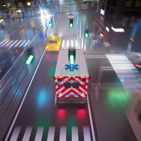 Photo for Animation of the ambulance on the signal goes through the city. Fast emergency vehicle at the night street. Motion blur of neons and traffic lights. Medical service in their way to the hospital. - Royalty Free Image