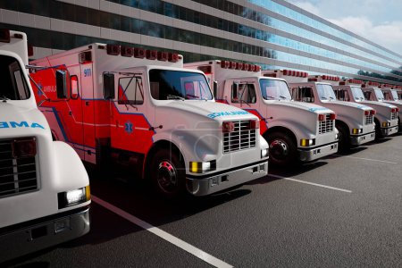 Téléchargez les photos : Une rangée de camions ambulanciers debout sur l'espace de stationnement en face d'un bâtiment hospitalier moderne. Équipement d'urgence contemporain prêt à être secouru. Météo ensoleillée, ciel bleu clair. - en image libre de droit