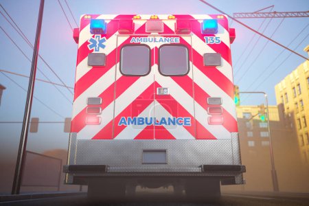 Photo for Ambulance trucks colourful lights flashing and blinking. Professional paramedics respond unit team arrived at the accident site in a hurry.  High angle camera. Emergency response. - Royalty Free Image