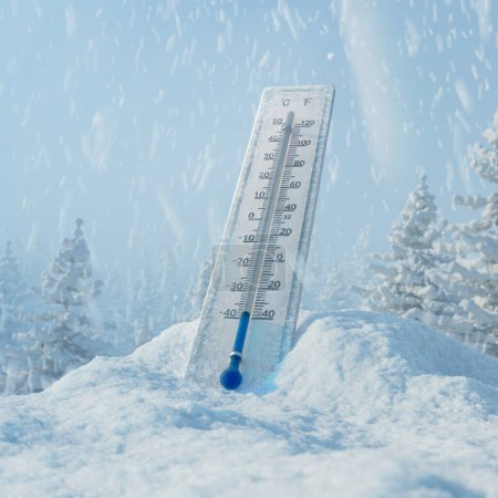 Photo for The thermometer at the snowdrift in the beautiful white snowy surrounding. The mercury column showing extremely low temperature. Freezing cold. Wheater measurements. Cold season. Wintertime. - Royalty Free Image