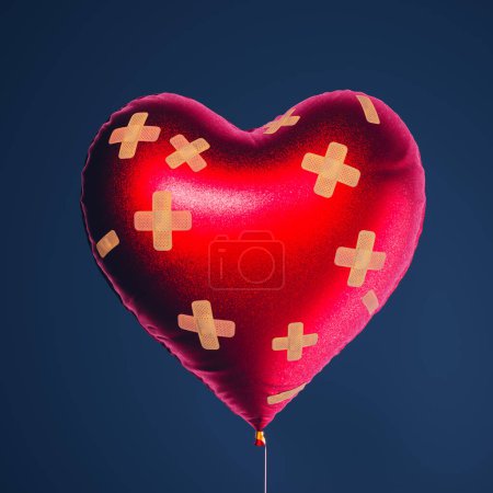 Photo for Broken heart fixed with bandages. One red balloon in the shape of heart covered in bandaids slowly floating over dark blue background. Valentines day, love, separation, divorce concept. - Royalty Free Image