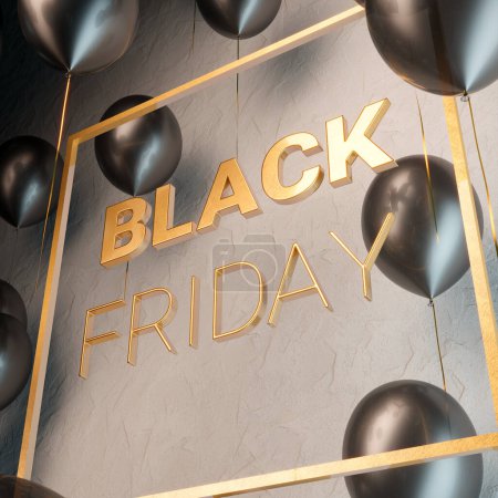 Photo for Golden BLACK FRIDAY sign with a bright plaster wall in the background. Glamour sale symbol surrounded by countless black balloons floating. Consumerism event. Worldwide sales holiday. - Royalty Free Image