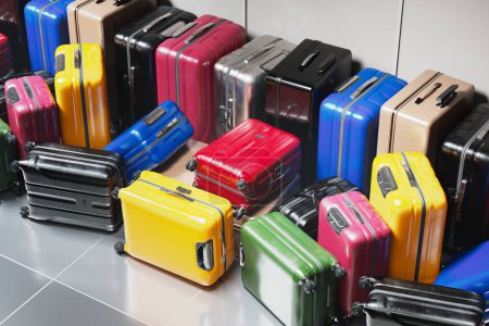 Téléchargez les photos : Différents types de bagages en attente d'être emballés dans des avions ou ramassés par leurs propriétaires. Dépôt, entrepôt, magasin, dépôt, porte-bagages perdu et trouvé. Sacs de toutes formes et tailles. Valises - en image libre de droit