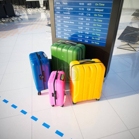 Téléchargez les photos : Des valises et des sacs colorés devant l'affichage des informations de vol. Un grand écran situé à l'intérieur de l'aérogare affiche les informations de vol à l'arrivée ou au départ, y compris les retards. - en image libre de droit