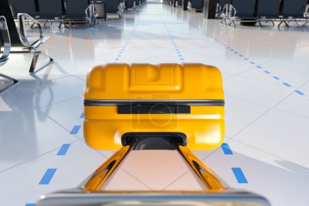 Foto de Una vista POV de arrastrar una maleta de color amarillo brillante sobre ruedas en un piso limpio y blanco del aeropuerto. Pasando entre terminales en un apuro. El disparo se toma desde la perspectiva de la persona que lleva la maleta - Imagen libre de derechos