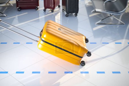 Photo for A POV view of dragging a bright yellow suitcase on wheels on a clean white airport floor. Going between terminals in a rush. The shot is taken from the perspective of the person standing next to it. - Royalty Free Image
